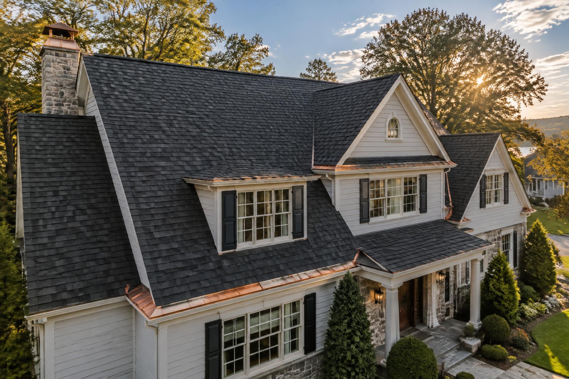 Newly installed architectural shingle roof on a New Jersey colonial home at golden hour